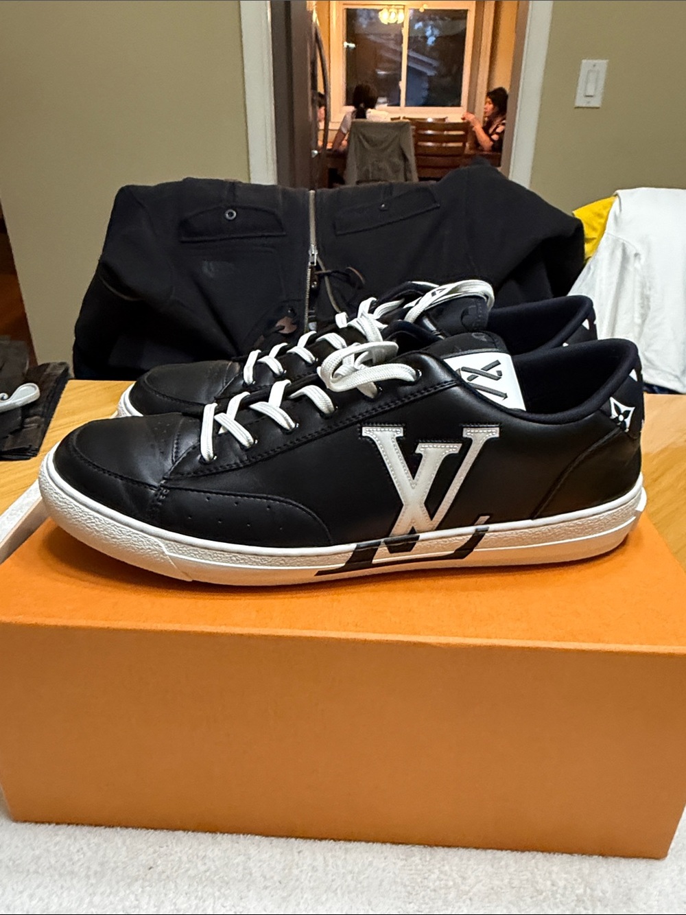 Louis Vuitton Black Leather Low-Top Sneakers with White Accents. Worn 3-5 times